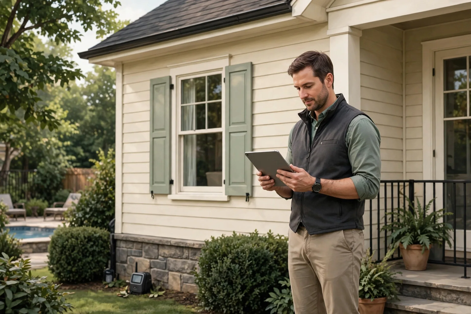 Man using a tablet beside a cream clapboard house with green shutters and shrubs